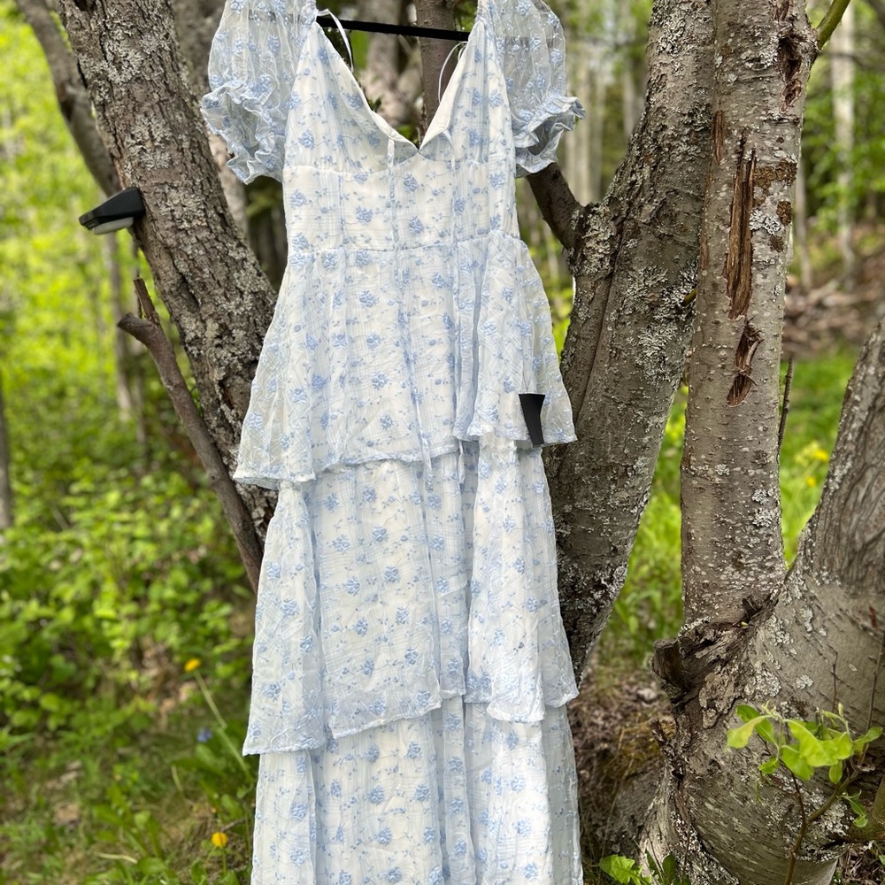 Floral Blue and White Tiered Dress